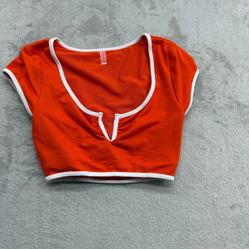 FP Movement Crop Top Women XS Orange White Trim Notch Neck Cap Sleeve Retro Yoga